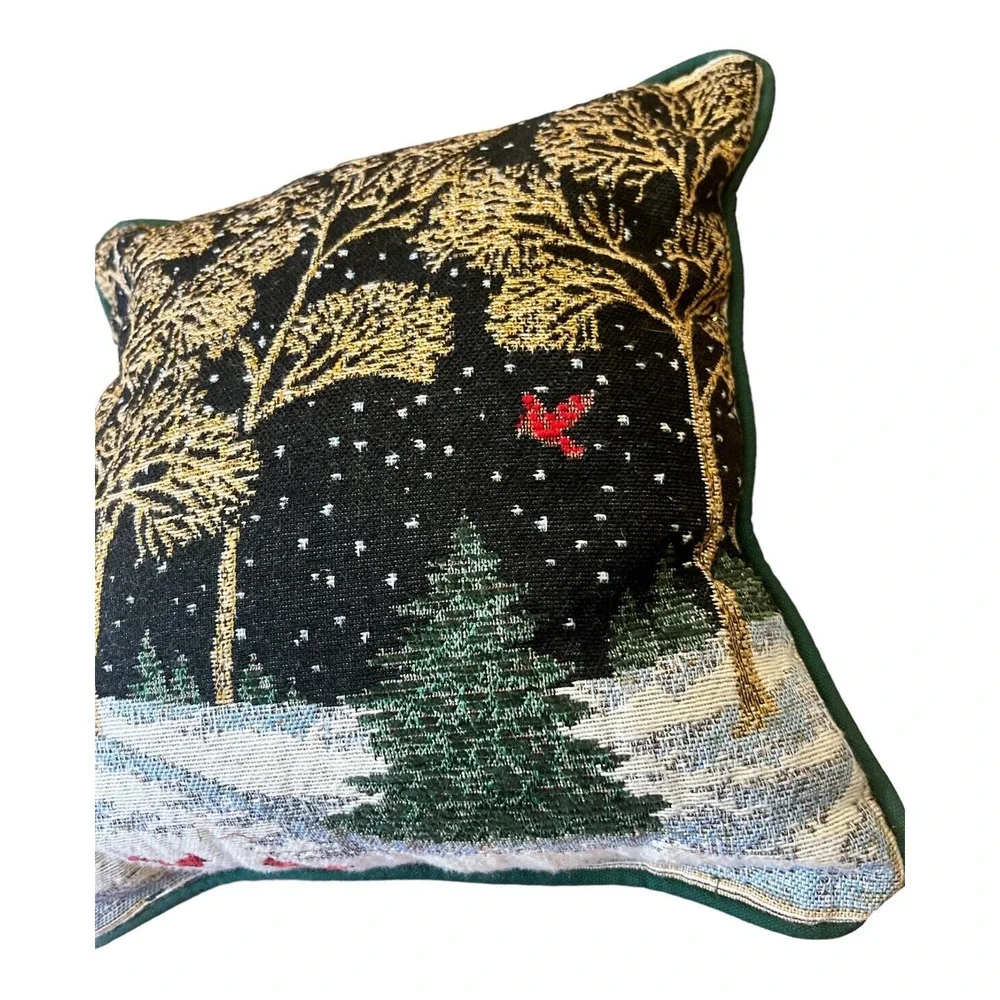 Embroidered Winter Scene Christmas Cardinal Gold Thread Trees Throw Pillow